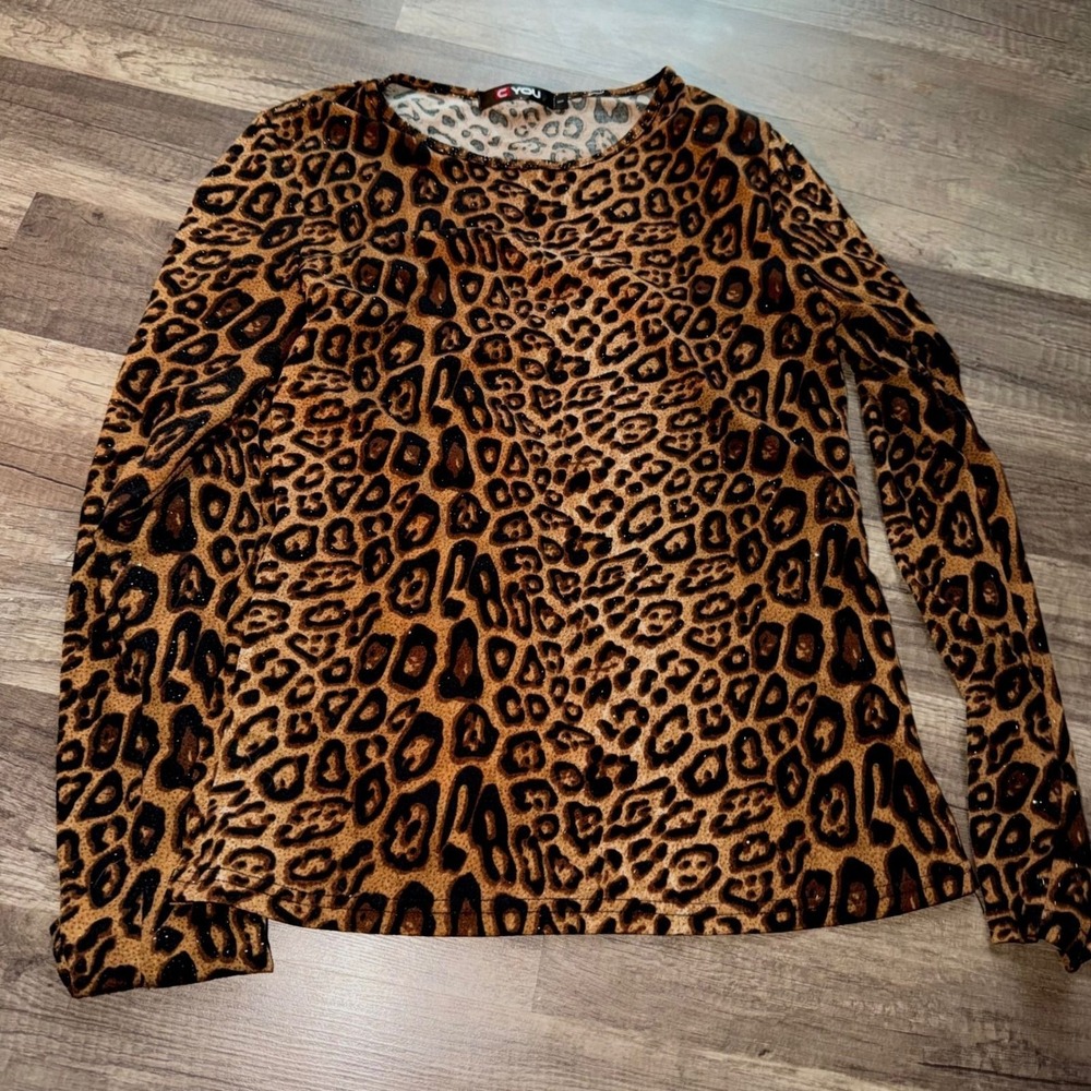 C YOU Womens Leopard Print Sparkle Long Sleeve Top Crew Neck Brown Cheetah L